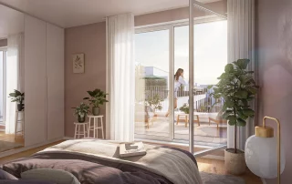 Schlafzimmer mit Blick auf die Terrasse