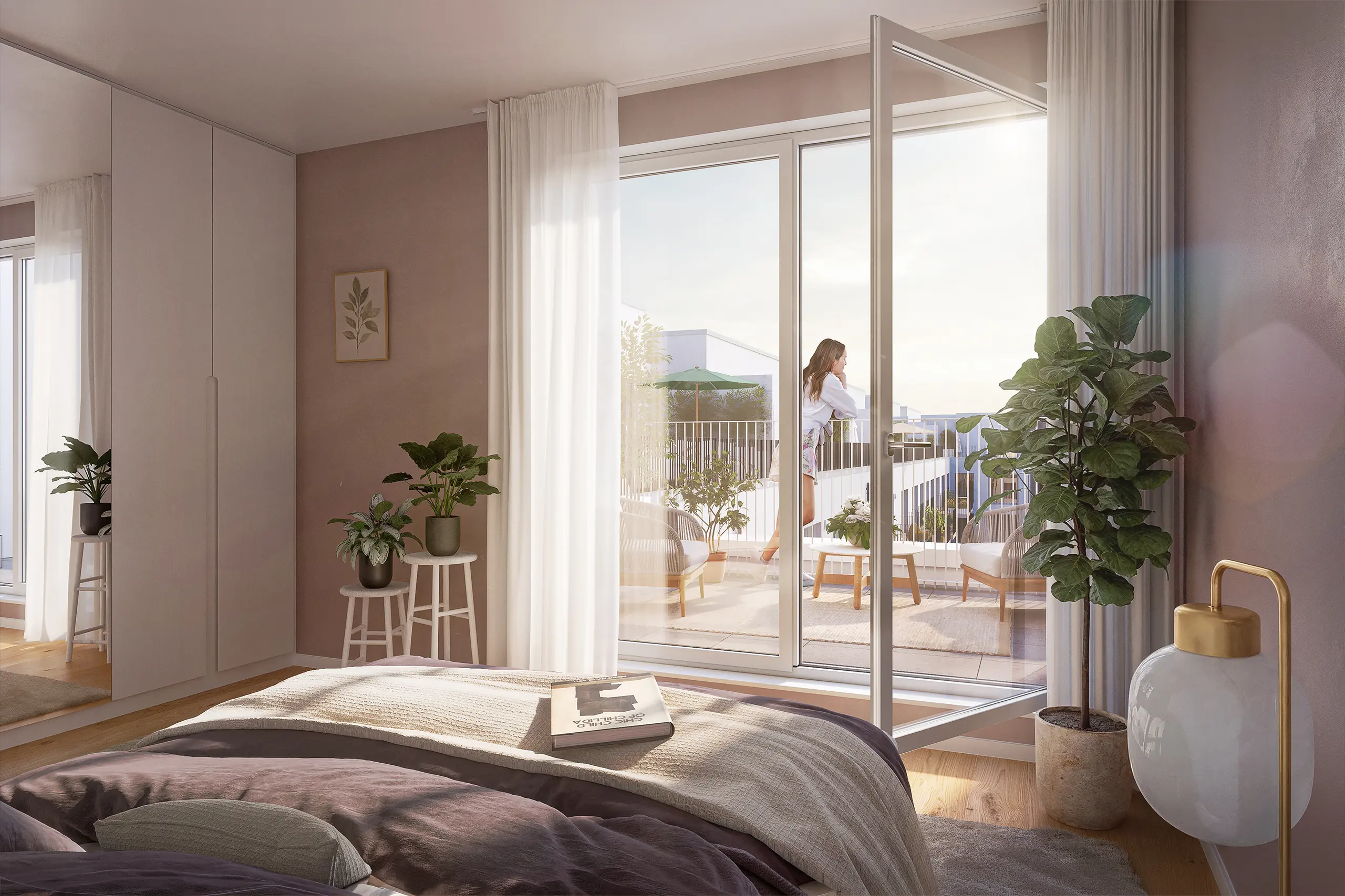 Schlafzimmer mit Blick auf die Terrasse